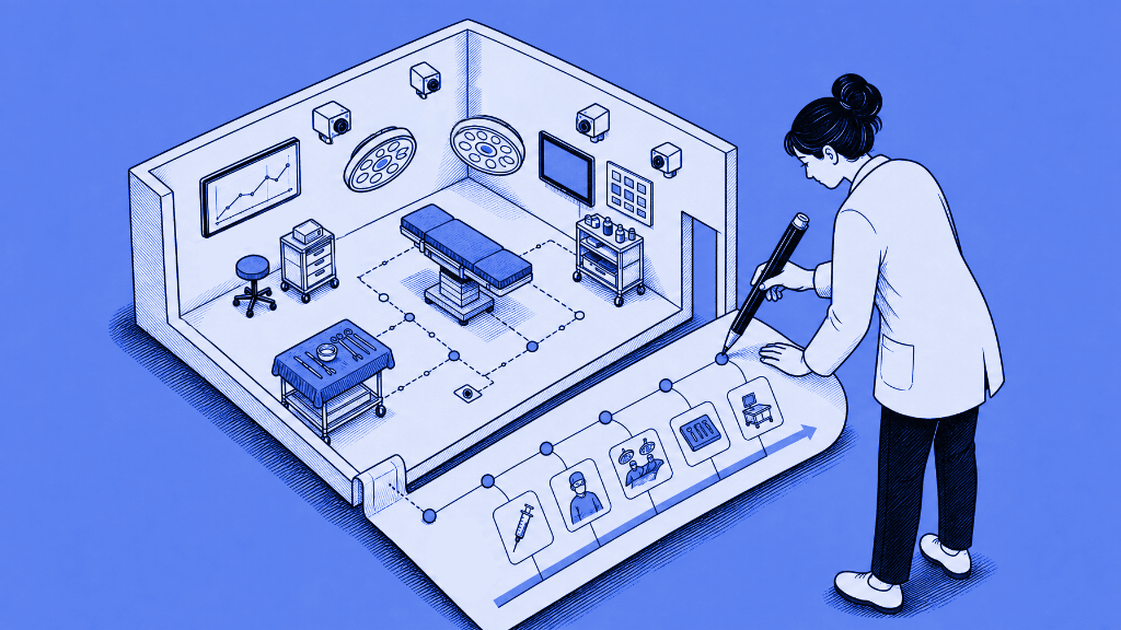 Illustration of operating room workflow diagram and surgical analytics