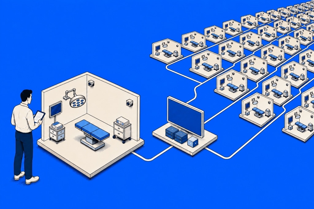 Illustration depicting surgical data network connecting a central terminal to a network of operating rooms